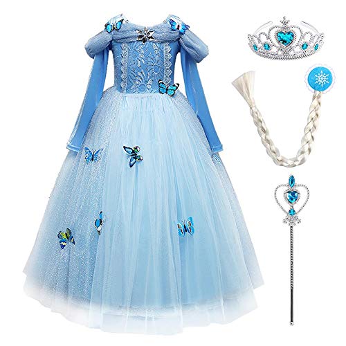 Prinzessin Kleid Mädchen, Cinderella Kleid Kostüme Prinzessin Kostüm Schmetterling Mädchen Geburtstagsfeier Festkleid Cocktailklei Verkleidung Halloween Fancy Dress up Blau2(4pcs) 7-8 Jahre von IBTOM CASTLE