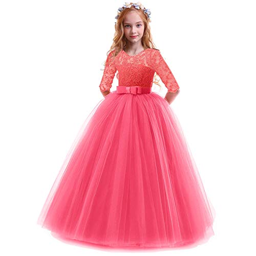 Prinzessin Kleid Mädchen Abendkleid für Hochzeit Brautjungfer Blumenmädchen 3/4 Arm Spitzenkleid Geburtstag Party Jugendweihe Fasching Cocktail Dance Ballkleid 2-14 Jahre Wassermelonenrot 11-12 Jahre von IBTOM CASTLE