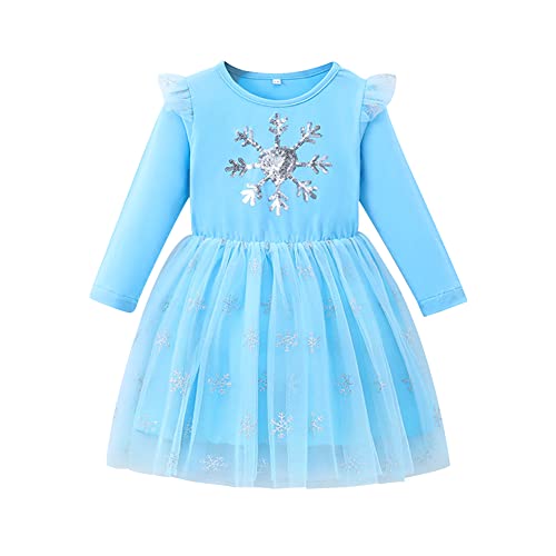 Prinzessin Kleid für Kleinkind Mädchen, lange Ärmel Tutu Kleid Schneeflocke Weihnachten Kleider Hochzeit Geburtstag Weihnachten Party Kinder Herbst Winter Clothes Hellblaue Schneeflocke 6-7 Jahre von IBTOM CASTLE