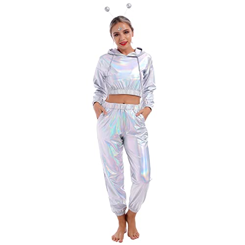 Rave Outfits für Frauen Langarm Glänzend Metallisch Oberteil Top Hoodie Sweatshirt Glitter Hose Disco Tanzhosen Clubwear Beiläufige Hip Hop Festival 80er Jahre Party Kleidung Set Lasersilber L von IBTOM CASTLE