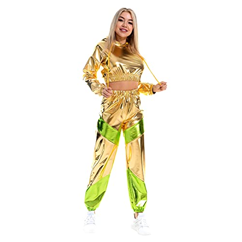 Rave Outfits für Frauen Langarm Glänzend Metallisch Oberteil Top Hoodie Sweatshirt Glitter Hose Disco Tanzhosen Leggings Clubwear Beiläufige Hip Hop Festival 80er Jahre Party Kleidung Set Goldene S von IBTOM CASTLE