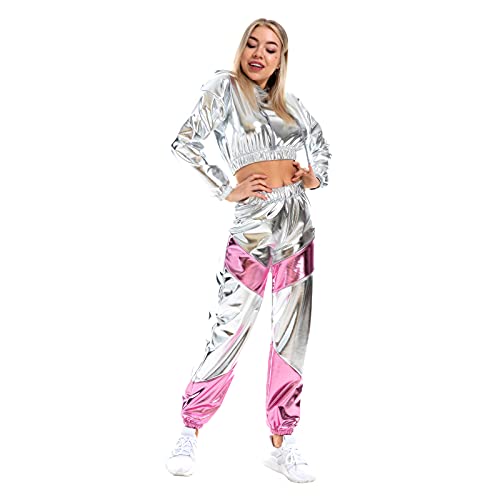 Rave Outfits für Frauen Langarm Glänzend Metallisch Oberteil Top Hoodie Sweatshirt Glitter Hose Disco Tanzhosen Leggings Clubwear Beiläufige Hip Hop Festival 80er Jahre Party Kleidung Set Silber XL von IBTOM CASTLE