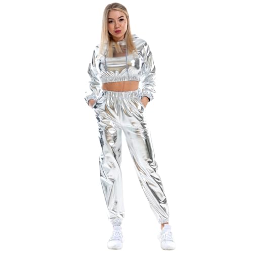 Rave Outfits für Frauen Langarm Glänzend Metallisch Oberteil Top Hoodie Sweatshirt Glitter Hose Disco Tanzhosen Leggings Clubwear Beiläufige Hip Hop Festival 80er Jahre Party Kleidung Set Silber A L von IBTOM CASTLE