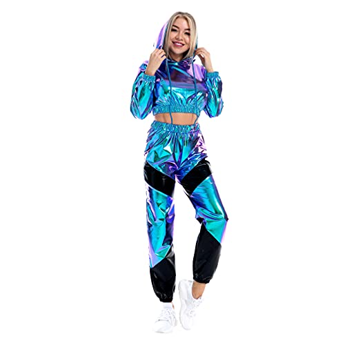 Rave Outfits für Frauen Langarm Glänzend Metallisch Oberteil Top Hoodie Sweatshirt Glitter Hose Disco Tanzhosen Leggings Clubwear Festival 80er Jahre Party Kleidung Set #Holographisch Blau L von IBTOM CASTLE