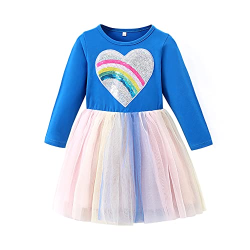 Regenbogen Kleid für Mädchen, Kleinkind lange Ärmel Tüll Tutu Kleid Prinzessin Herbst Winter Kleidung Hochzeit Geburtstag Weihnachten Party lässige Kleider für Kinder Blauer Regenbogen 5-6 Jahre von IBTOM CASTLE