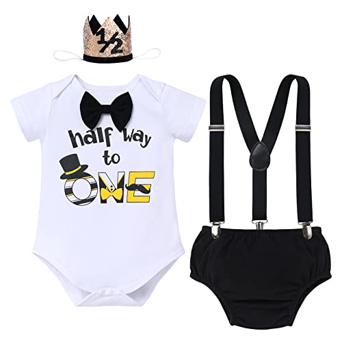Baby-Kuchen-Smash-Outfit für Neugeborene, 1/2 halber Weg zu einem Geburtstag, mit Fliege, Strampler + Windelhose + Y-Rücken Hosenträger + Geburtstagshut, 4-teiliges Set, Gentleman-Kleidung, von IBTOM CASTLE