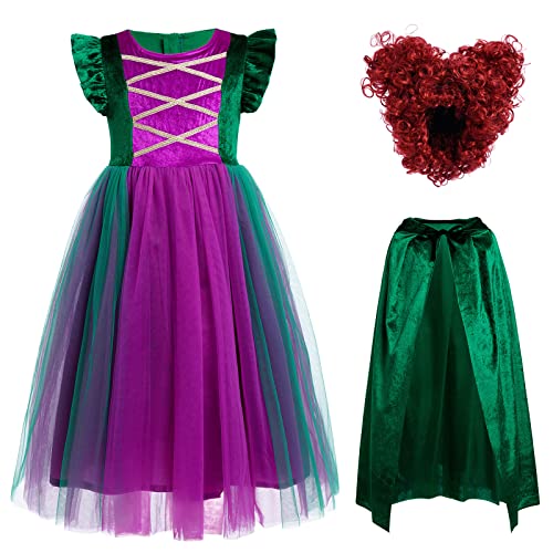 Sarah Mary Winifred Sanderson Sisters Kostüm für Kinder Mädchen Hocus Pocus Cosplay Kostüm Samt Tüll Partykleid mit Hexenumhang und Perücken für Halloween Karneval Grün + Perücke 9-10 Jahre von IBTOM CASTLE