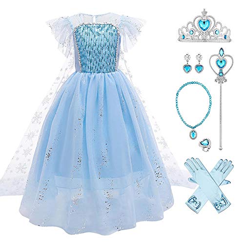 Schneekönigin Eiskönigin Prinzessin ELSA Kostüme für Mädchen Kinder Tüll Kleid mit Umhang Zubehör Eisprinzessin Verkleidung Halloween Cosplay Karneval Ankleiden Fasching Kleidung 01-Blau 5-6 Jahre von IBTOM CASTLE