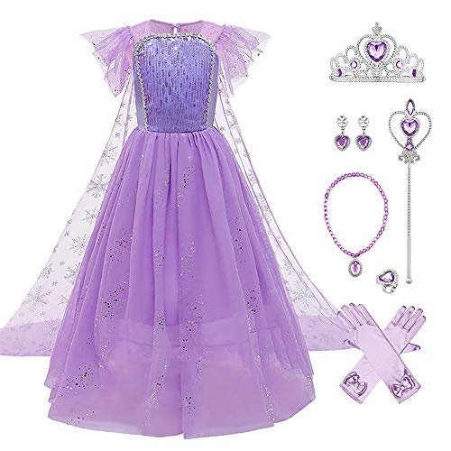 Schneekönigin Eiskönigin Prinzessin ELSA Kostüme für Mädchen Kinder Tüll Kleid mit Umhang Zubehör Eisprinzessin Verkleidung Party Halloween Cosplay Karneval Weihnachten Geburtstag 01-Violett 6-7 Jahre von IBTOM CASTLE