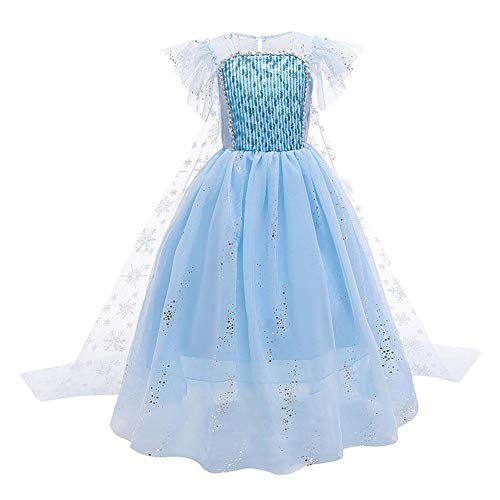 Schneekönigin Eiskönigin Prinzessin ELSA Kostüme für Mädchen Kinder Tüll Kleid mit Umhang Zubehör Eisprinzessin Verkleidung Party Halloween Cosplay Karneval Weihnachten Geburtstag 02-Blau 5-6 Jahre von IBTOM CASTLE