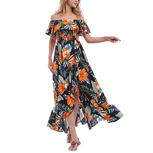 Schulterfreies Kleid für Damen, Boho-Maxikleid, fließend, gesmokter Schlitz, Strand, lässige Sommerkleider, Hawaiian, Mittel von IBTOM CASTLE