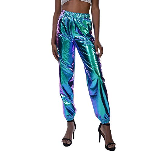 Sexy Damen Glänzend Wetlook Metallic Leggins Hohe Taille Hüfthoch Strumpfhose Hose Cargohose Hologramm Hip Hop Tanzhose Casual Streethose Disco Hosen Festlich Abend Blau L von IBTOM CASTLE