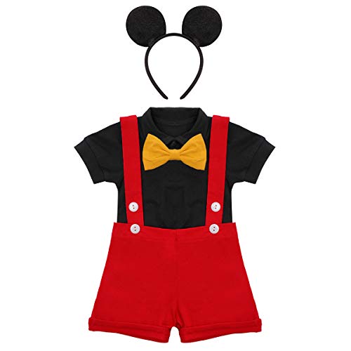 Unisex Baby Jungen Mädchen Erster Geburtstag Mickey Outfits Strampler+Fliege+Hosenträger Shorts Hosen+Mausohren Stirnband Halloween Weihnachten Kleidungsset Fotoshooting Rot+Haarband 12-18 Monate von IBTOM CASTLE