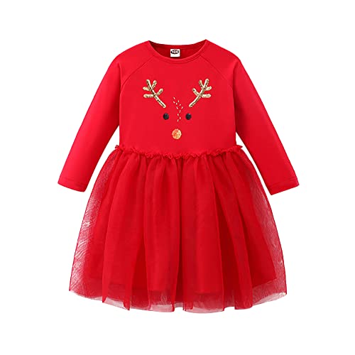 Weihnachtskleid für Kleinkind Mädchen, Kinder lange Ärmel Tüll Tutu Kleid Einhörner Hirsche Elch Prinzessin Kleider Geburtstag Weihnachten Party Herbst Winter Kleidung Roter Elch 3-4 Jahre von IBTOM CASTLE