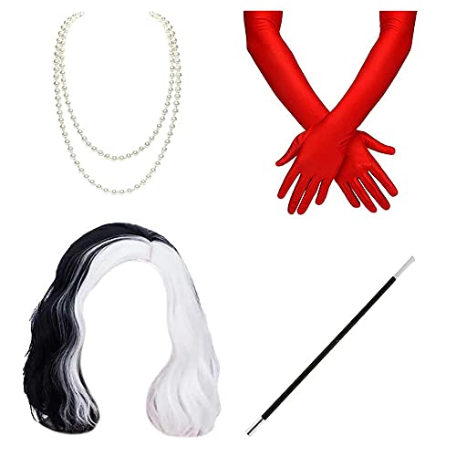 Zigarettenhalter 20er 30er Jahre Stil schwarz Cruella Deville Karneval Kostüm Verkleidung Frauen Kurze Weiß Cosplay Bob Perücke für Halloween Party Fancy Dress Halskette Rote Handschuhe 4 Set von IBTOM CASTLE