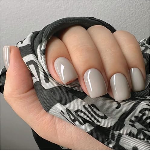 24 Stück Einfarbig Nägel Zum Aufkleben Kurz,Glossy Press on Nails,Künstliche Nägel Eckig Acryl Künstliche Fingernägel für Frauen & Mädchen (grau) von ICATUENY