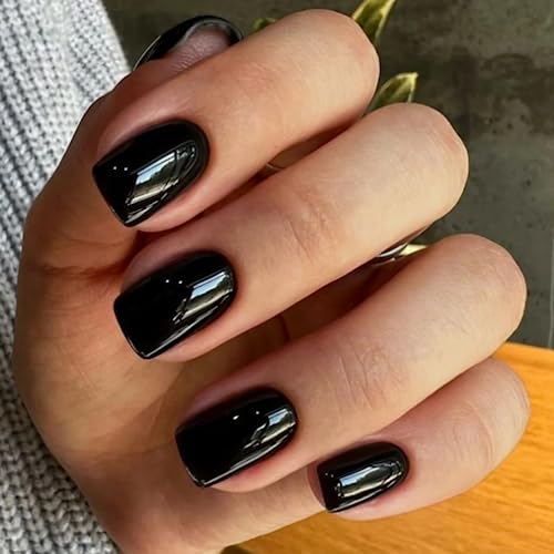 24 Stück Einfarbig Nägel Zum Aufkleben Kurz,Glossy Press on Nails,Künstliche Nägel Eckig Acryl Künstliche Fingernägel für Frauen & Mädchen (schwarz) von ICATUENY