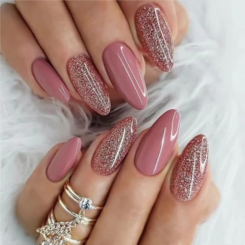 24 Stück Oval Nägel Zum Aufkleben,Press On Nails Oval,Natürlich Acrylic Künstliche Nägel,Glossy Kunstnägel Press on Nails für Frauen und Mädchen (einfarbiger glitzer, 24 Stück) von ICATUENY