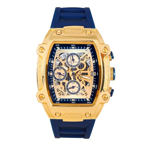 ICE STAR Herren-Armbanduhr, 41 mm, Skelett-Zifferblatt, Tonneau-Gehäuse mit Datumsanzeige, Quarzwerk und Silikonarmband, Geschenk bereit, Blau, Mens-standard von ICE STAR