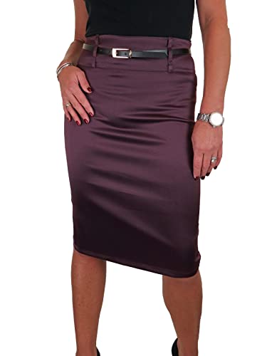 ICE Damen Stretch Satin Unterhalb Knie Bodycon Bleistiftrock mit Gürtel 34-48 Violett (44) von icecoolfashion