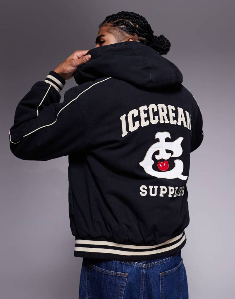 ICECREAM - Gefütterte Worker-Jacke in Schwarz mit Kapuze und Logostickerei von ICECREAM