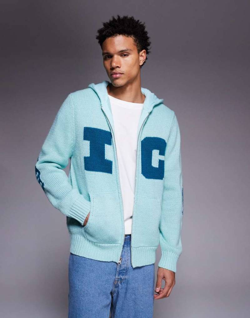 ICECREAM - Kapuzenjacke aus Strick in Hellblau mit Running-Dog-Print auf dem Rücken und durchgehendem Reißverschluss von ICECREAM