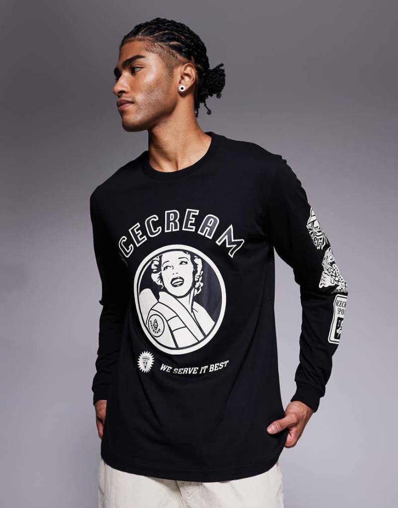 ICECREAM - Langärmliges T-Shirt in Schwarz mit mehreren Grafiken von ICECREAM