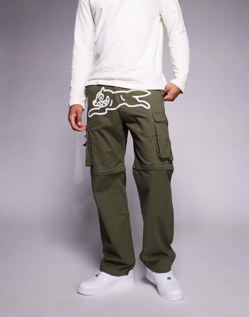 ICECREAM - Cargohose in Khaki mit „Running Dog"-Logo und Reißverschlüssen zum Abtrennen am Knie-Grün von ICECREAM