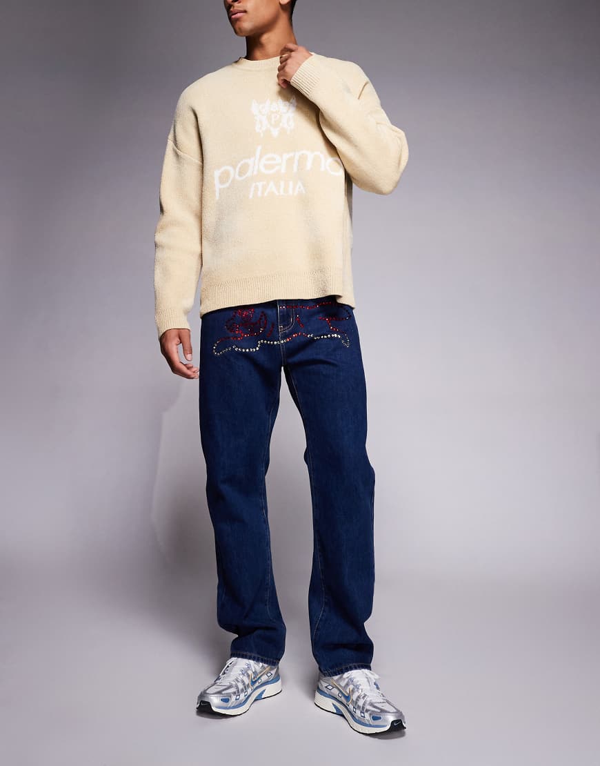 ICECREAM - Straight-Jeans in Indigoblau mit strassbesetztem Running Dog-Logo von ICECREAM