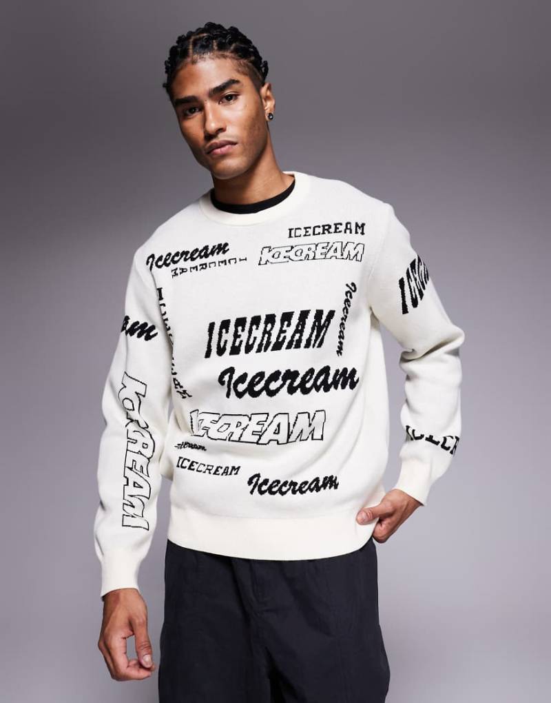 ICECREAM - Sweatshirt aus Strick in Wollweiß mit mehreren Logos von ICECREAM