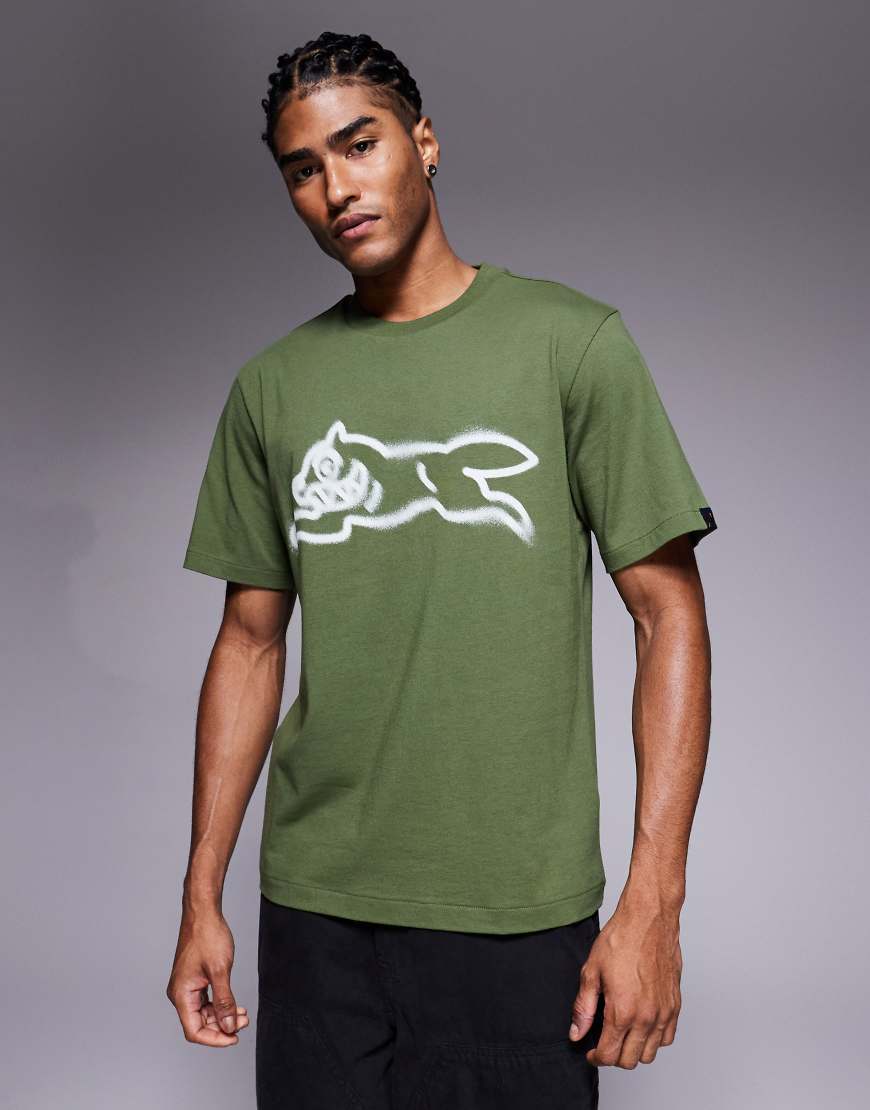ICECREAM - T-Shirt in Khakigrün mit Spraypaint-Running-Dog-Grafik von ICECREAM