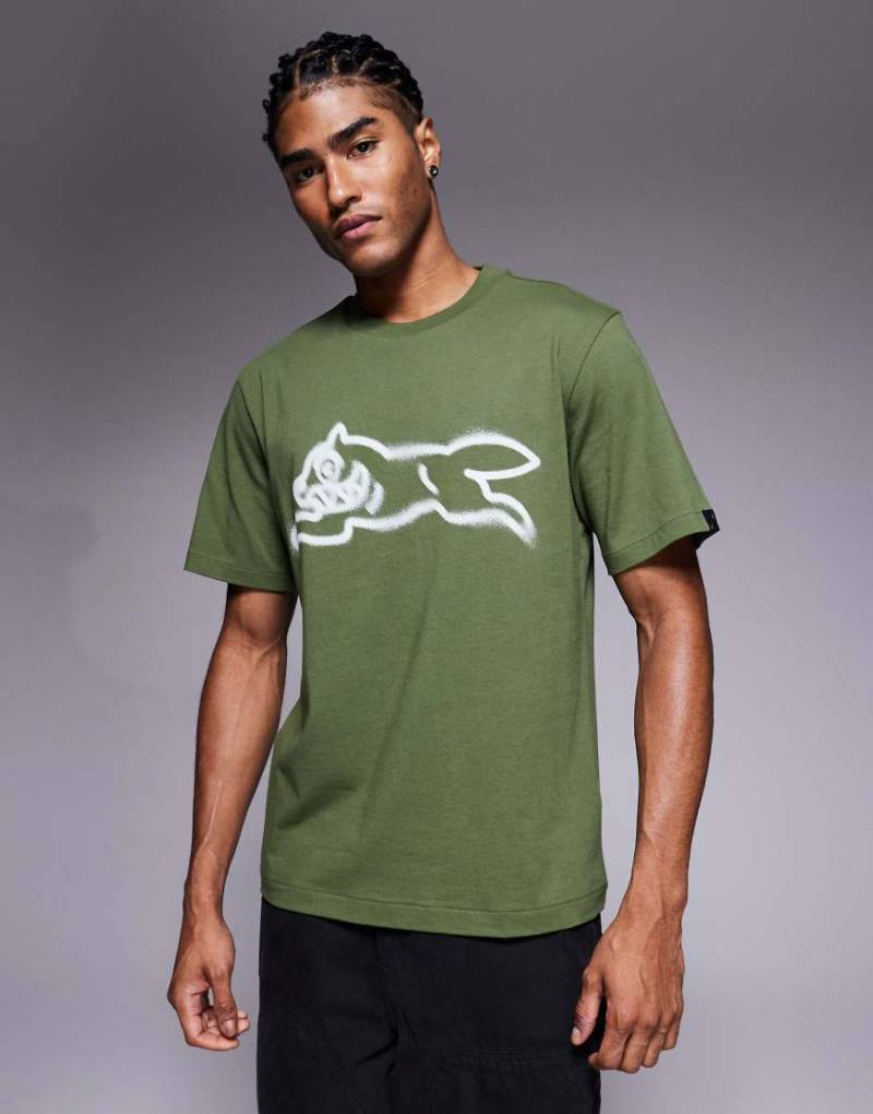 ICECREAM - T-Shirt in Khakigrün mit Spraypaint-Running-Dog-Grafik von ICECREAM