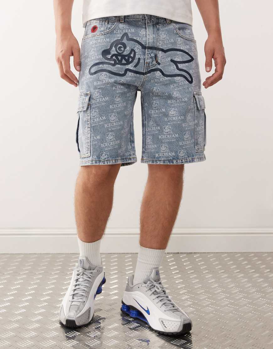Icecream - Jeansshorts in hellblauer Waschung mit wiederholtem Running Dog-Print, Kombiteil von ICECREAM