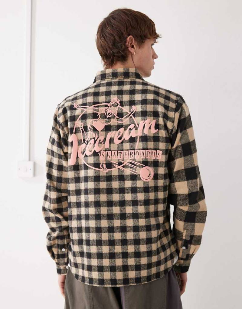 Icecream - Langärmliges Hemd in Beige und Schwarz mit Rückenprint und buntem Karomuster von ICECREAM