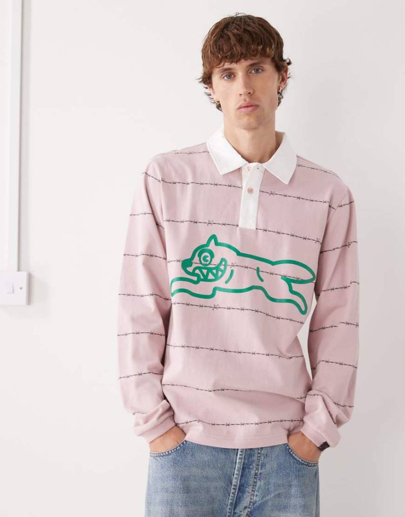 Icecream - Rugby-Polohemd in Hellrosa mit Running Dog- und Stacheldraht-Print von ICECREAM