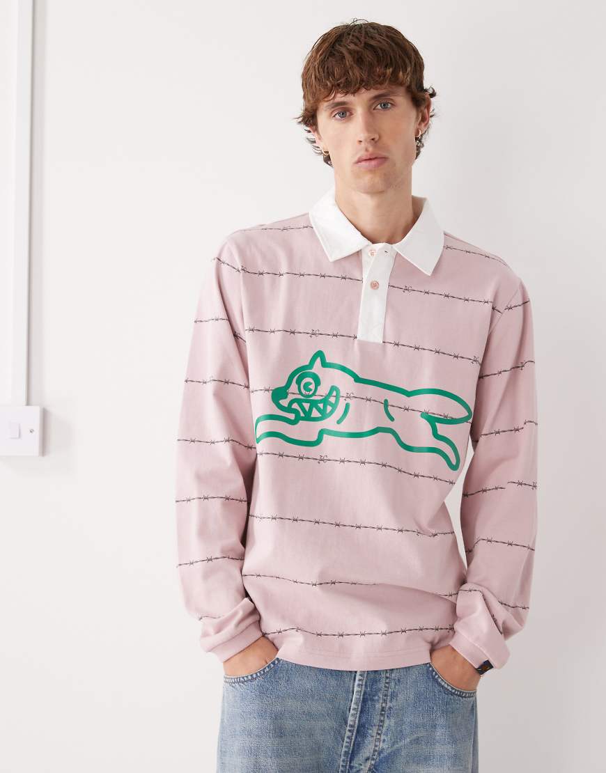 Icecream - Rugby-Polohemd in Hellrosa mit Running Dog- und Stacheldraht-Print von ICECREAM
