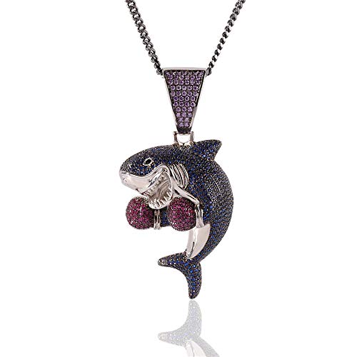 Fantex 18K vergoldeter Boxhai Anhänger mit schwarzer kubanischer Panzerkette, Iced Out CZ Lab Diamant Hip Hop Charm Halskette für Männer Frauen (Purple,24''Dark Curb) von ICEDIAMOND