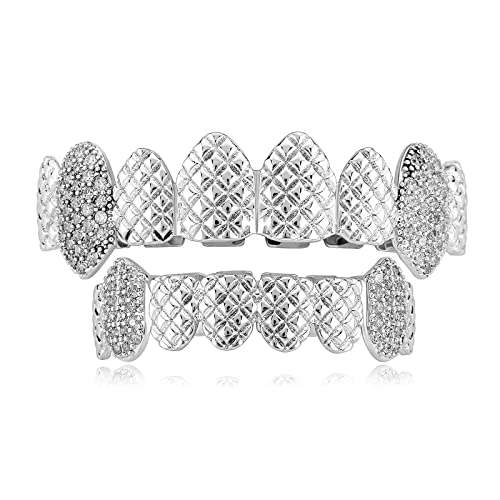 ICEDIAMOND Personality Trend geprägte Reißzähne CZ-Diamant Zähne tragen Grill, vergoldet Hip Hop Iced Out Bling Zirkonia Charm Zahnschmuck für Männer Frauen (White) von ICEDIAMOND