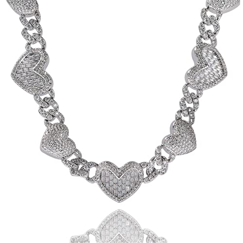 HALOKAIYA ICEDIAMOND Trendy Peace Love Cuban Chain Halskette, Iced Out Bling CZ Diamond Heart Shaped Choker Chain, Hip Hop Schmuck für Männer und Frauen (16) von ICEDIAMOND