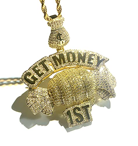 ICEDIAMOND 14K Kreative Get Money First Inspirierende Halskette, Iced Out Helle CZ Diamant Großer Anhänger mit 24'' Seilkette, Vergoldeter Hip-Hop-Schmuck für Männer von ICEDIAMOND