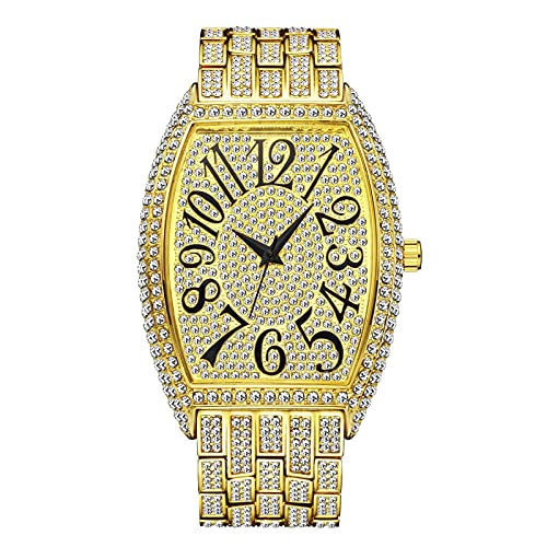 ICEDIAMOND 42MM Iced Out Tank Persenning Gehäuseform Klassische Armbanduhr, Full Bling CZ Diamant Quarz Stilvolle Uhr Armreif für Männer Frauen (Gold) von ICEDIAMOND