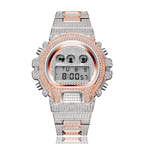 ICEDIAMOND 45mm Iced Out CZ Diamond LED Digitaluhr, multifunktionales großes Zifferblatt Mode Hip Hop Schmuck für Männer (M-Rose) von ICEDIAMOND