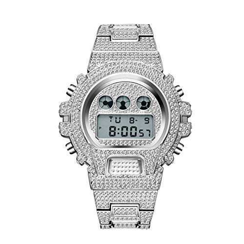 ICEDIAMOND 45mm Iced Out Lab Diamant-Armbanduhr, multifunktionales LED-Digital-Zifferblatt mit Datum, Wochenkalender und Zeitmessung für Herren Damen (White) von ICEDIAMOND