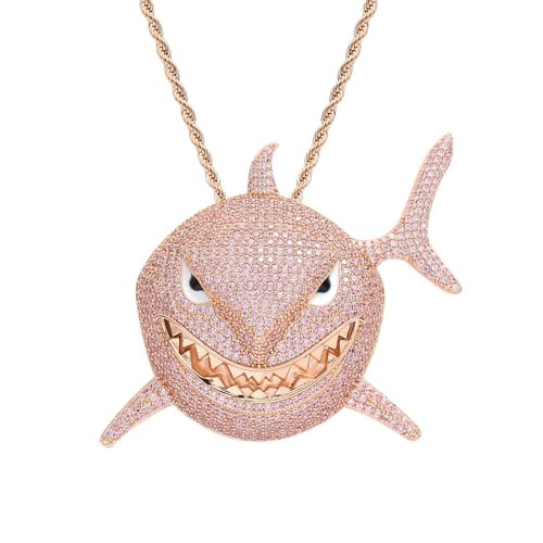 ICEDIAMOND Fancy Pink Lab Diamond Shark Anhänger mit Iced Out Cuban Chain Halskette, 18 Karat Rosévergoldet L-Size Hip Hop Schmuck für Männer Frauen (Rose,24''Rope) von ICEDIAMOND