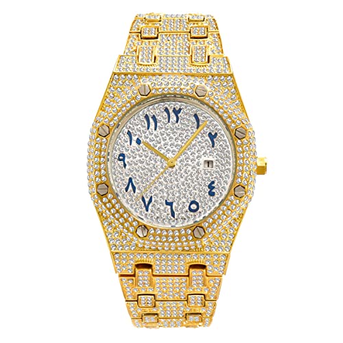 ICEDIAMOND CZ Diamant Charm Quarz Armbanduhr, vereist helle Zirkonsteine 43mm Kalender Zifferblatt Hip Hop Trend Schmuck Uhr für Männer (Gold) von ICEDIAMOND