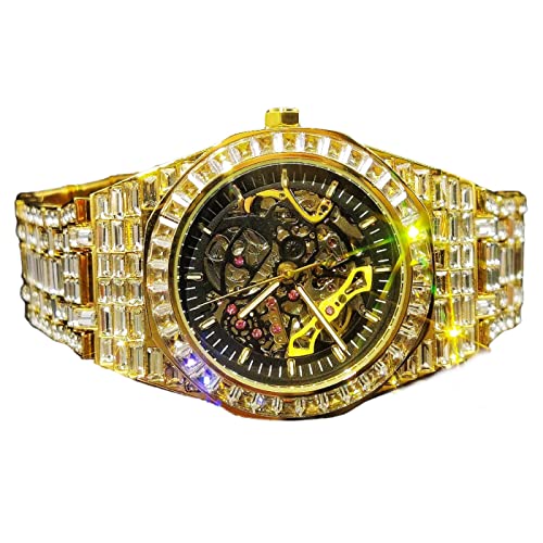 ICEDIAMOND Herren 39MM Mode Durchbrochene Handaufzug Mechanische Armbanduhr, Full Pave Funkelnde Baguette Zirkonia simulierte Diamanten, Luxus Skelett Runde Zifferblatt Uhr (Gold) von ICEDIAMOND