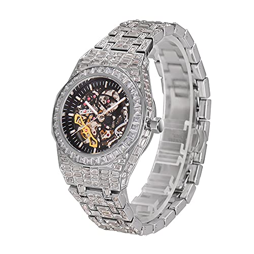 ICEDIAMOND Herren 39MM Mode Durchbrochene Handaufzug Mechanische Armbanduhr, Full Pave Funkelnde Baguette Zirkonia simulierte Diamanten, Luxus Skelett Runde Zifferblatt Uhr (White) von ICEDIAMOND