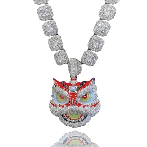 ICEDIAMOND Iced Out Bling Halskette für Männer Hip Hop 14 Karat Weißgold CNY Awake Lion CZ Diamantanhänger & massive Franco quadratische Box Gliederkette Halskette (+20'' Tennis Link) von ICEDIAMOND