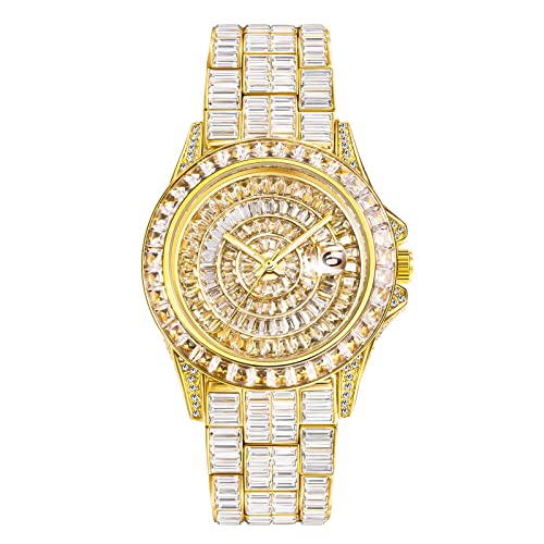 ICEDIAMOND Iced Out Luxus-Armbanduhr mit CZ-Diamanten im Vollbaguette-Stil, 42 mm Bling-Zirkonia-Kalender, rundes Zifferblatt, vergoldete Uhr für Herren (Gold) von ICEDIAMOND