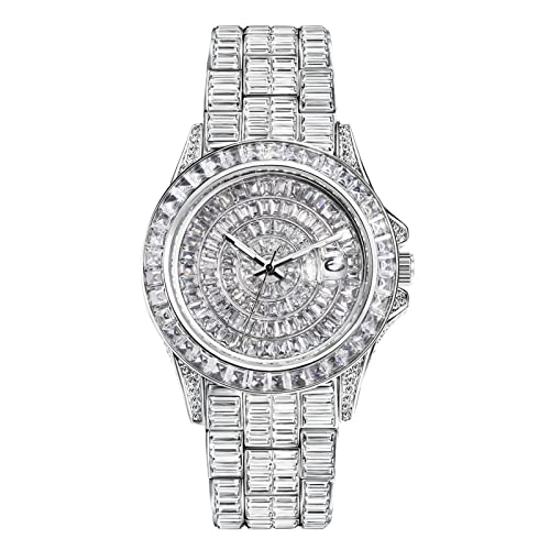 ICEDIAMOND Iced Out Luxus-Armbanduhr mit CZ-Diamanten im Vollbaguette-Stil, 42 mm Bling-Zirkonia-Kalender, rundes Zifferblatt, vergoldete Uhr für Herren (White) von ICEDIAMOND